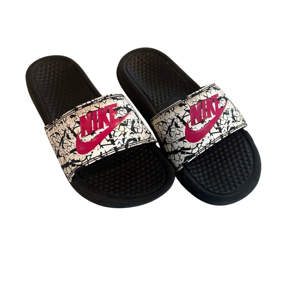 Nike Benassi JDI Slides Women 6 Black White Pink Crackle Print 818919-061 Sporty